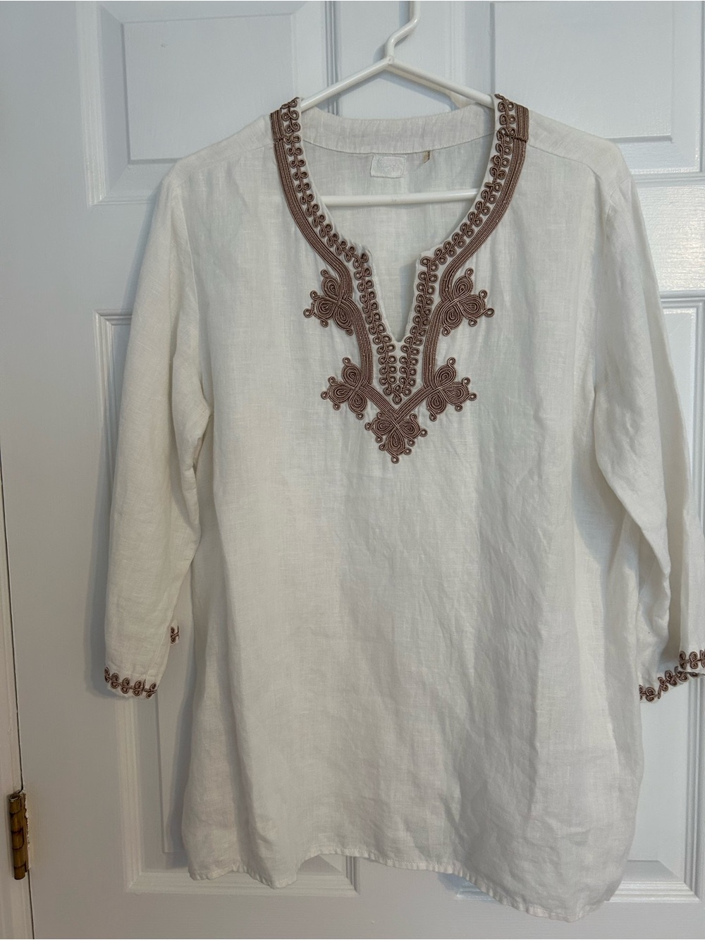 Symbols NYC White Linen Tunic with Tan Embroidered Trim